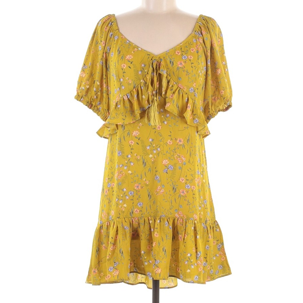 C&V Chelsea Violet PEASANT DRESS Ruffle Trim GREENISH YELLOW FLORAL Crepe Ties M